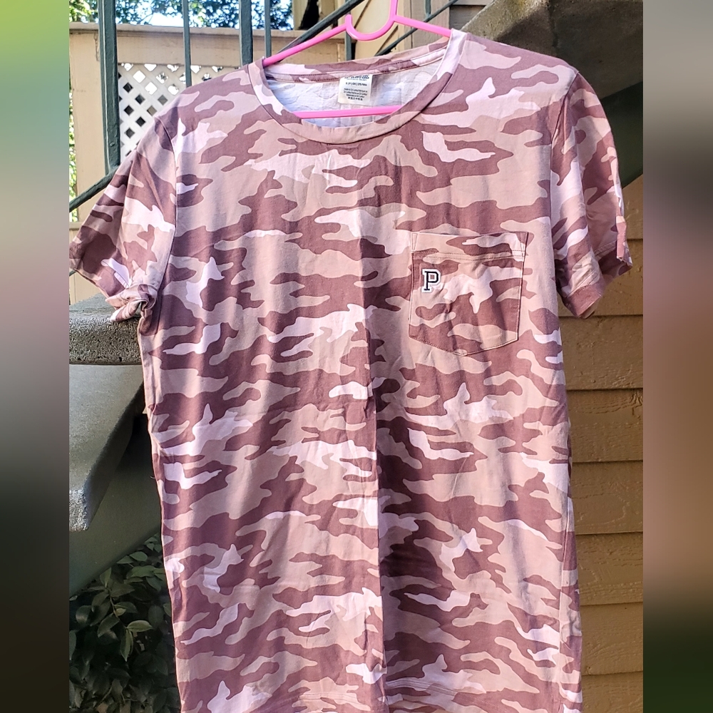 PINK Victoria's Secret Camouflage Short Sleeve Tee - Pink and Brown